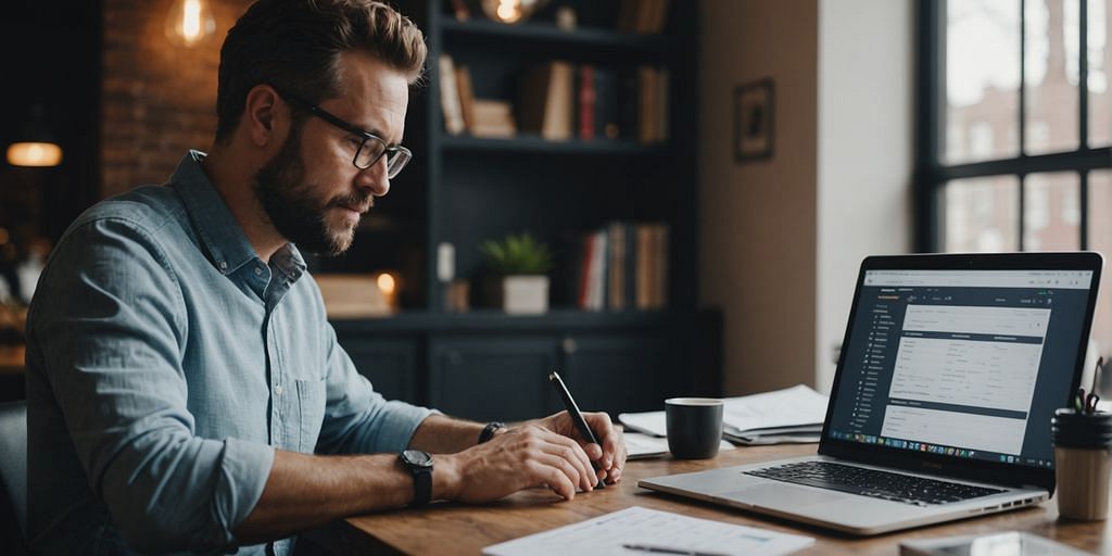 Business owner reviewing bookkeeping pricing models on laptop