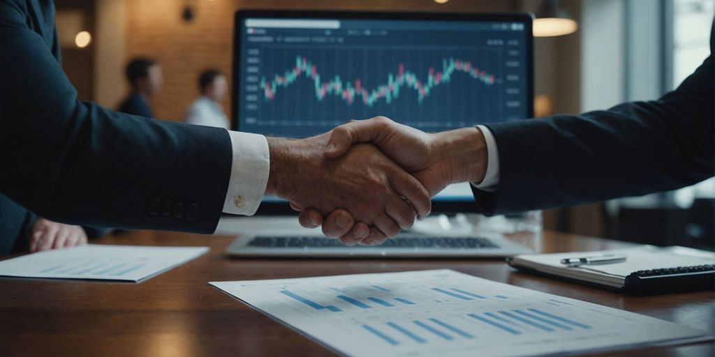 Business handshake with accounting charts in background