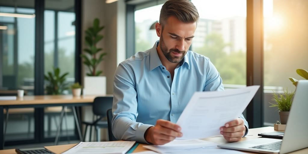 Accountant working in a bright, modern office environment.