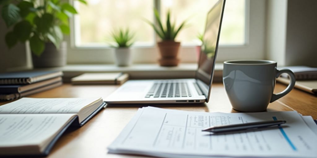 Workspace with laptop, notebooks, and accounting tools.