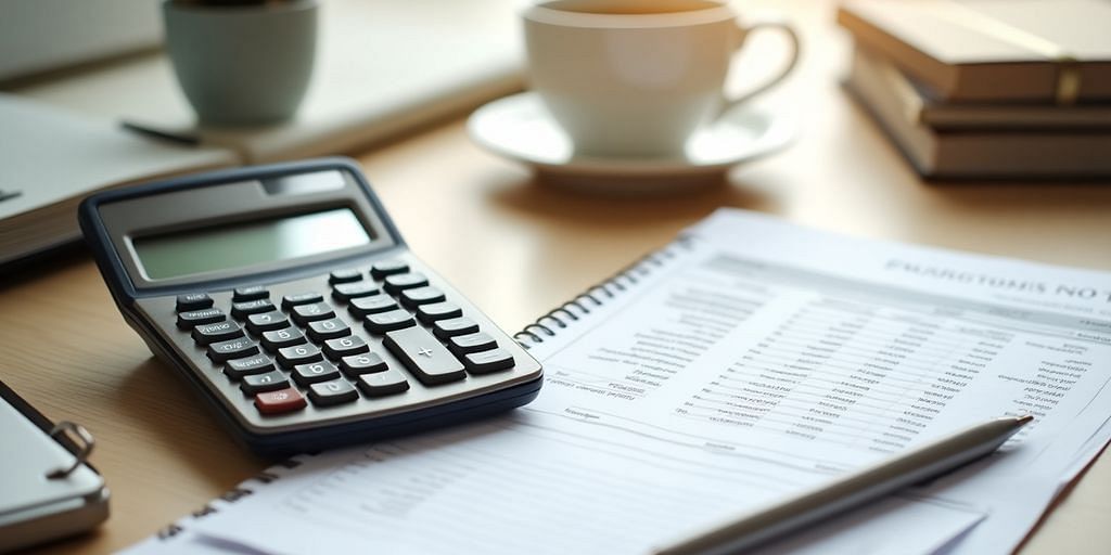 Organized desk with calculator, notepad, and coffee mug.