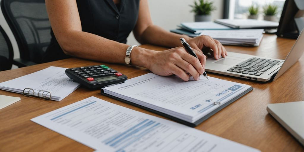 Business owner reviewing payroll documents with a calculator.