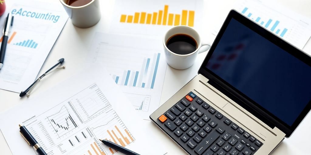 E-commerce accounting setup with laptop and financial documents.