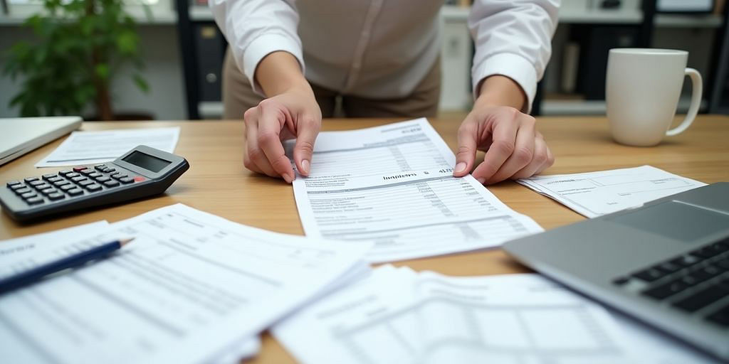 Small business owner organizing receipts for tax season.