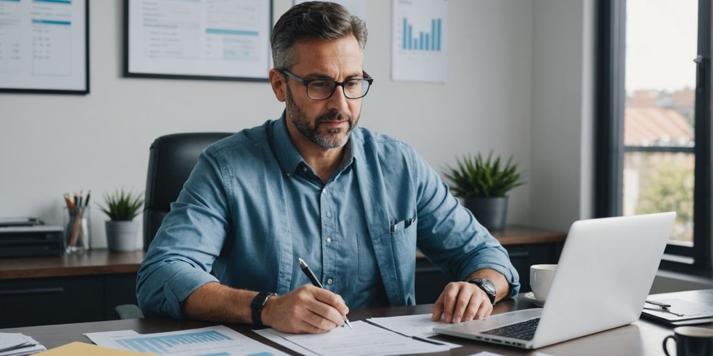 Franchise owner with laptop and financial documents