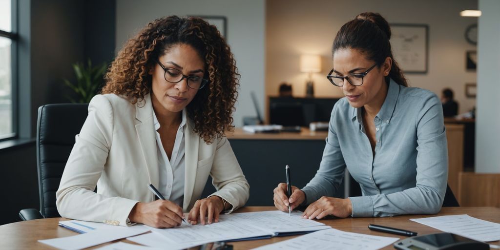 Business owner and bookkeeper reviewing financial documents.