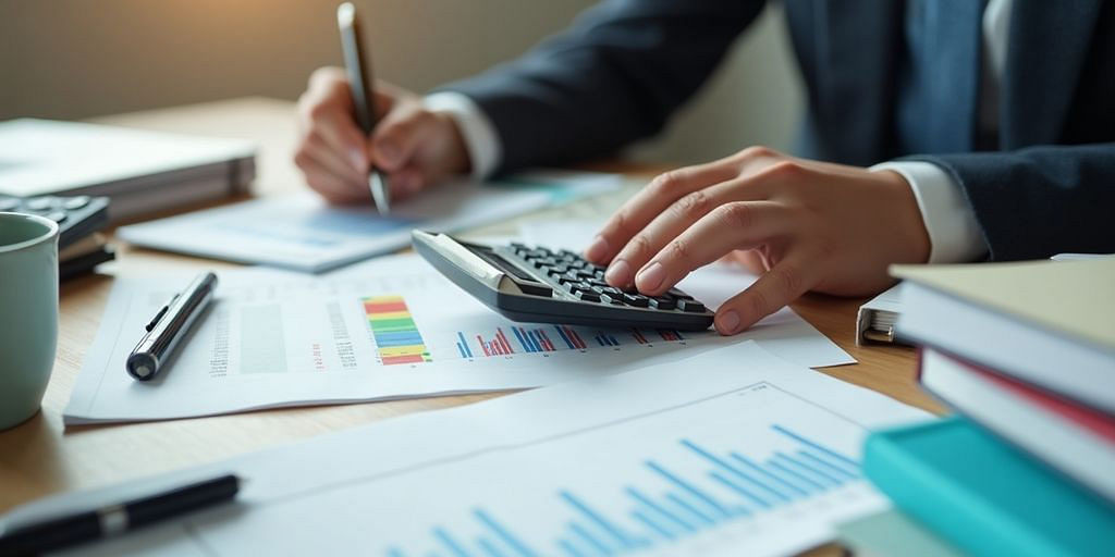 Person organizing financial records and using a calculator.
