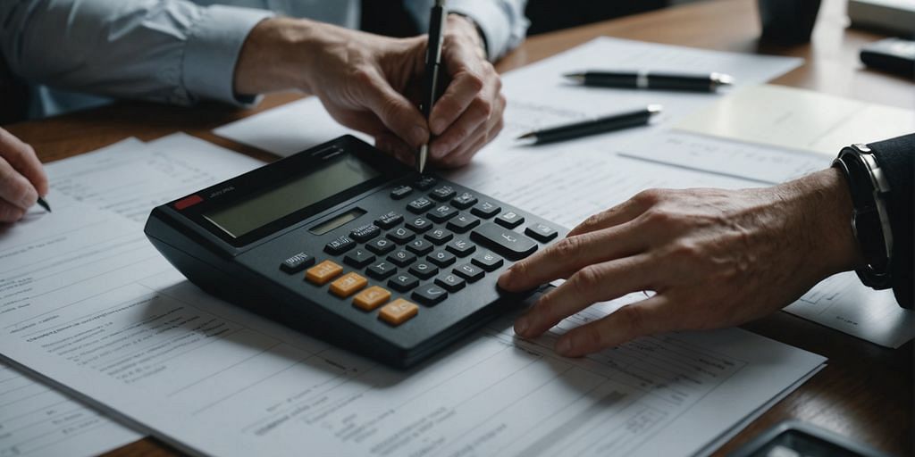 Person organizing financial documents with calculator on desk
