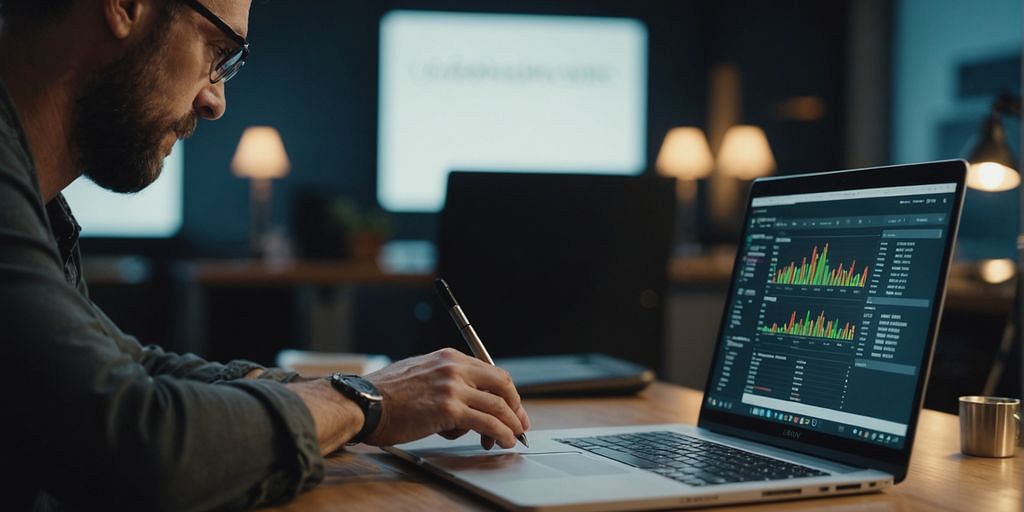 Business owner reviewing financial charts on a laptop.