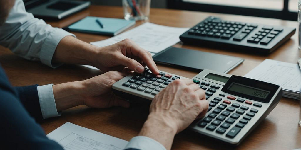 Person organizing financial documents with calculator on desk.