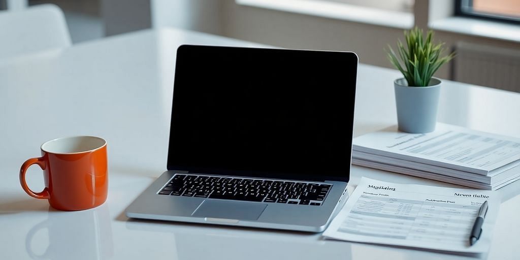 Modern workspace with laptop and financial documents.