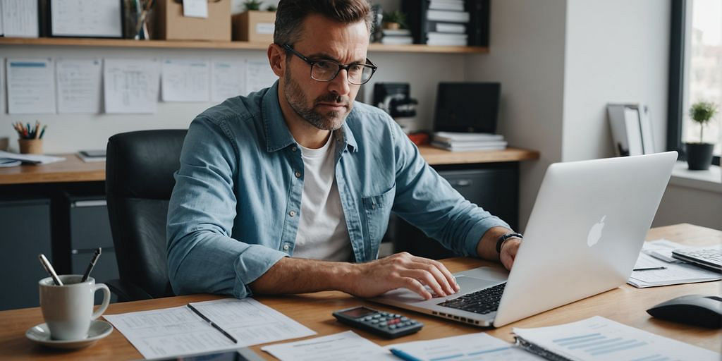 Business owner with laptop and financial documents.