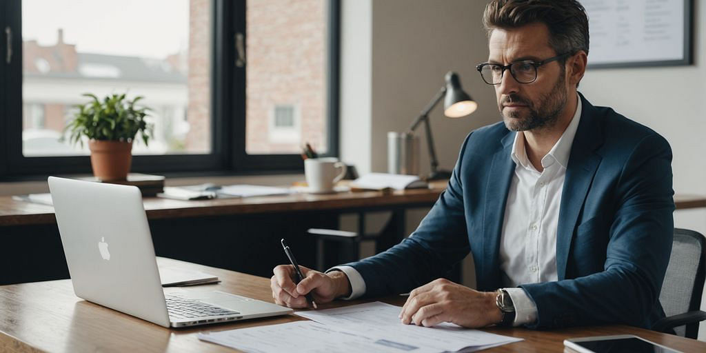 Business owner with laptop and financial documents