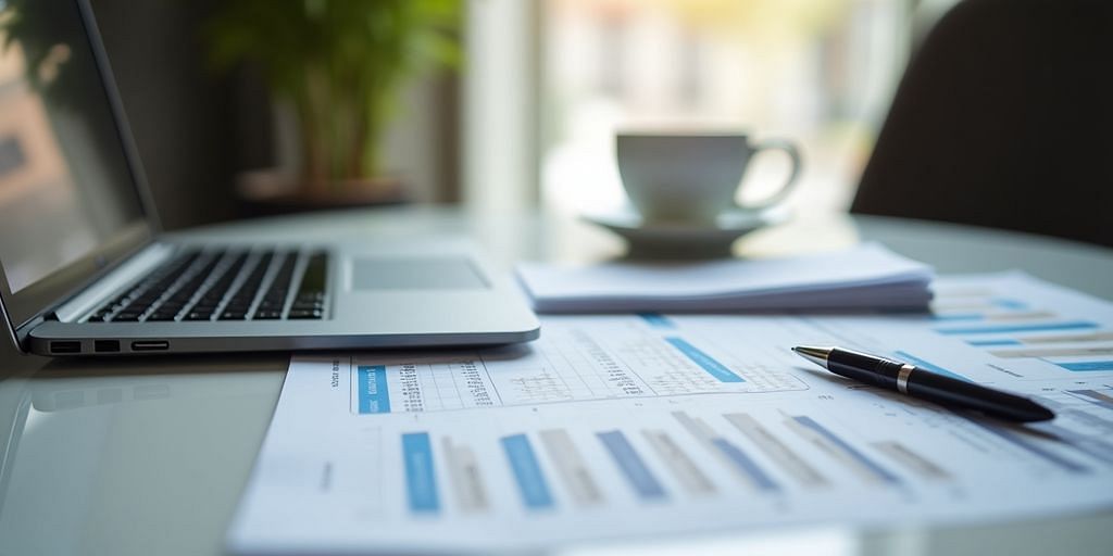 Startup workspace with laptop and financial documents.