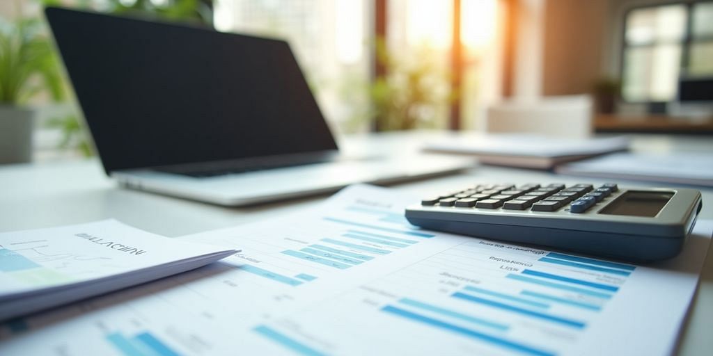 Modern workspace for startup accounting with laptop and paperwork.