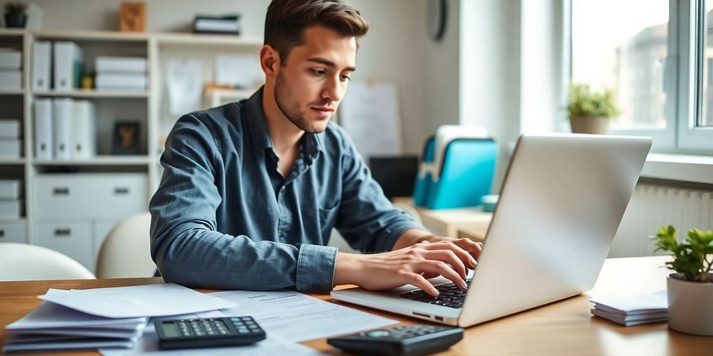 Small business owner working on bookkeeping at a desk.