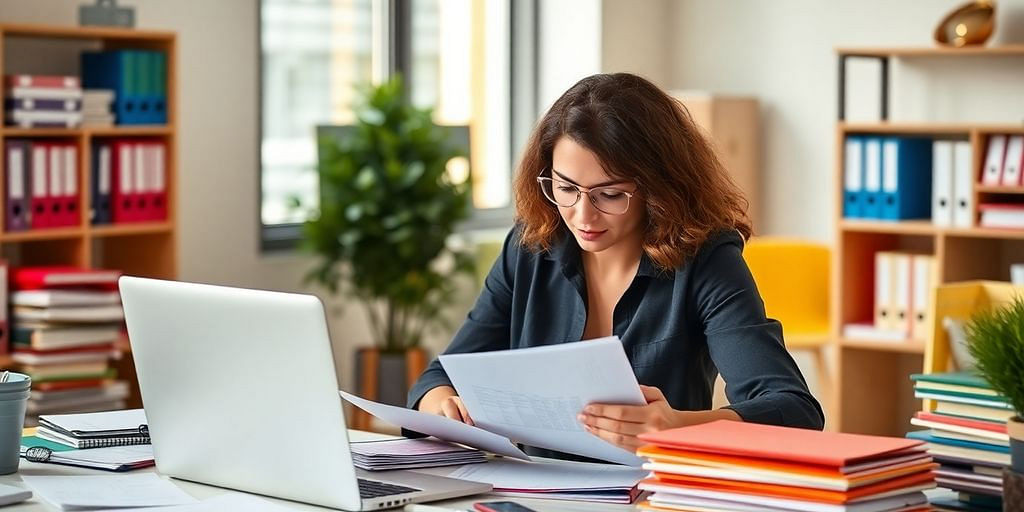 Entrepreneur organizing financial documents in a bright workspace.