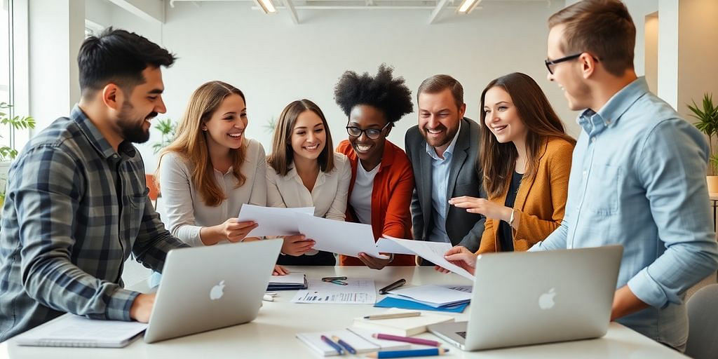 Entrepreneurs collaborating in a modern workspace on bookkeeping.