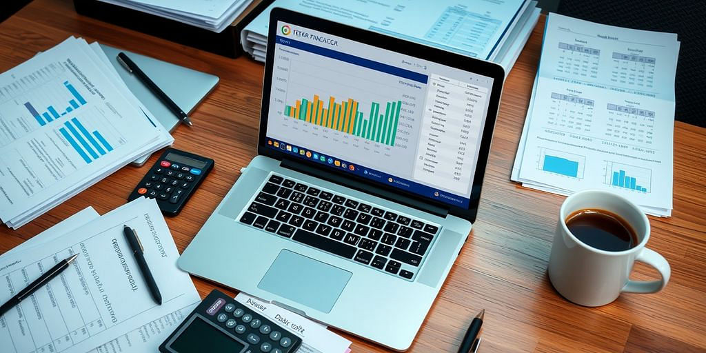 Laptop with financial software on a busy desk