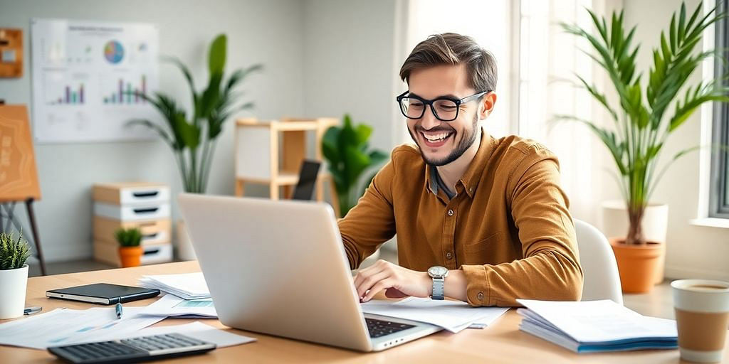 Small business owner working efficiently with bookkeeping software.