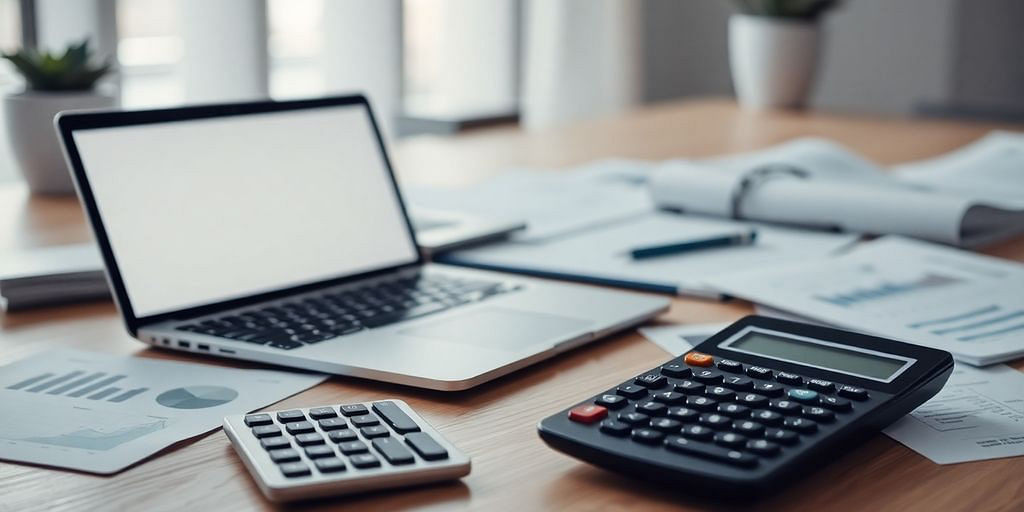 Modern workspace with laptop and financial documents.