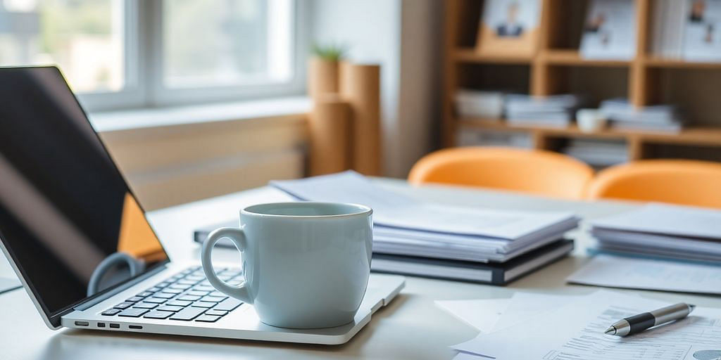 Modern workspace with laptop and organized documents.