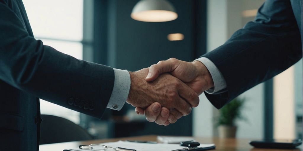 Businessman and fractional CFO shaking hands in an office.