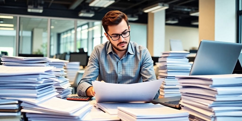 Professional accountant with calculator and laptop in office.