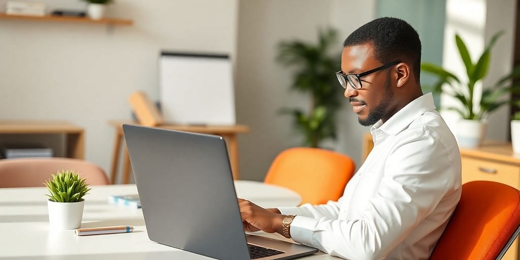 Accountant working on laptop in a modern office.