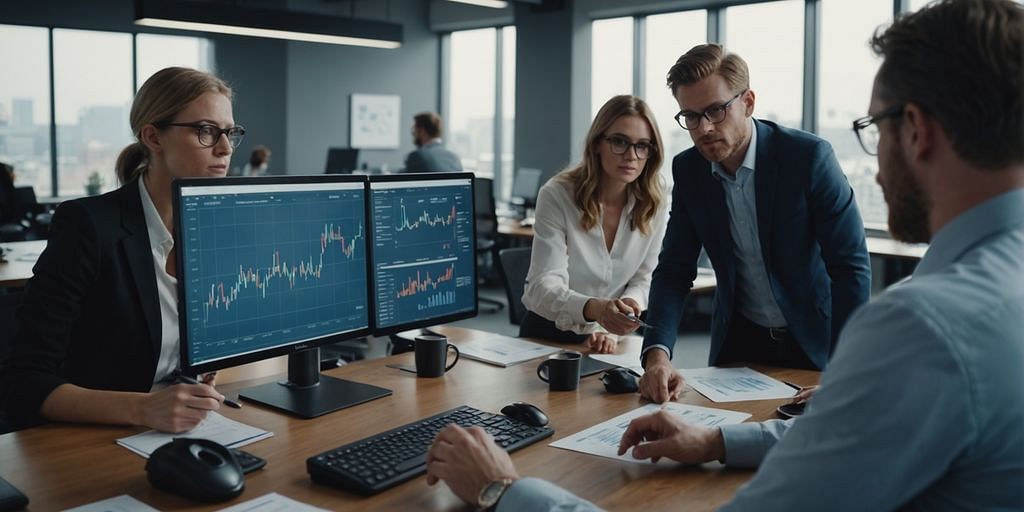 Team reviewing financial reports in a sleek office setting.