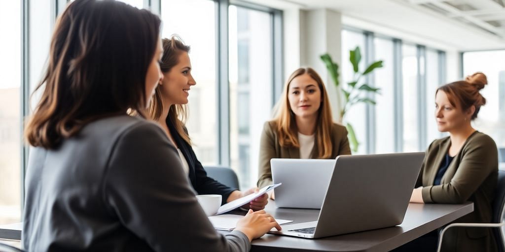 Professional office with people collaborating and using laptops.