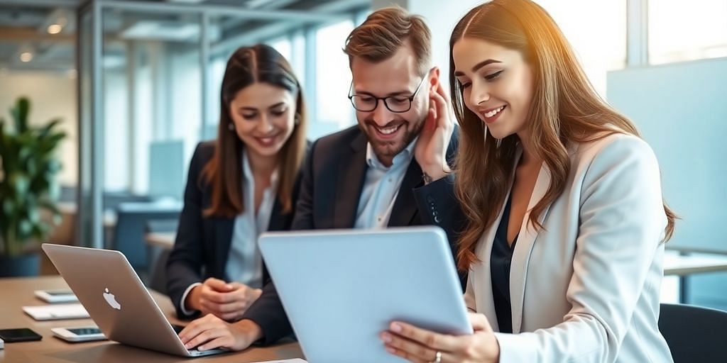 Professionals collaborating with digital devices in a modern office.