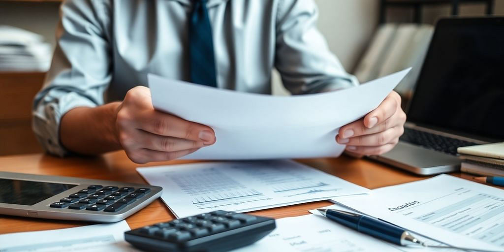 Small business owner reviewing financial documents at a desk.