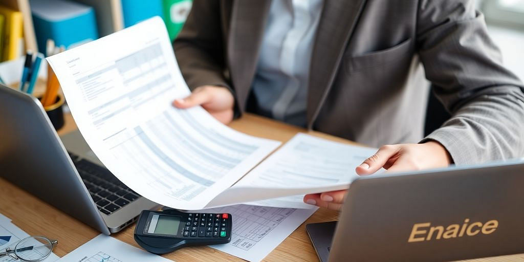 Small business owner analyzing financial documents with a calculator.