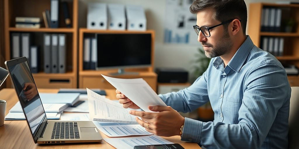 Small business owner reviewing financial documents in office.
