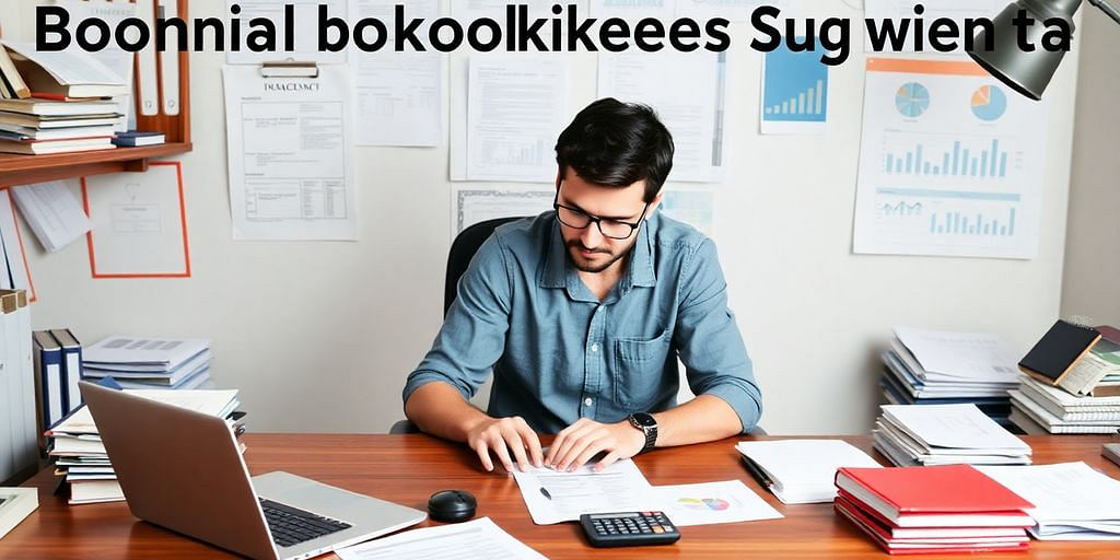 Small business owner managing finances at a desk.