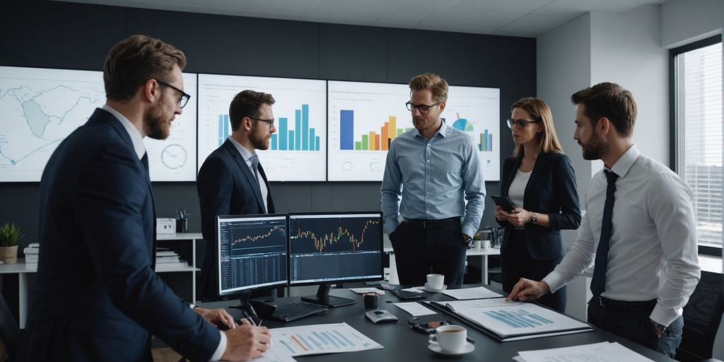 Team analyzing financial charts in modern office.
