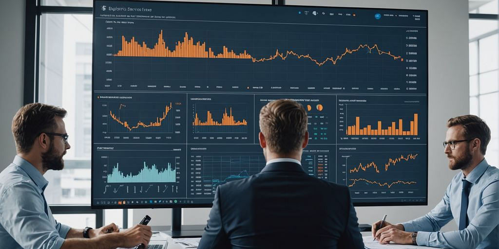 Team analyzing financial charts on screen.