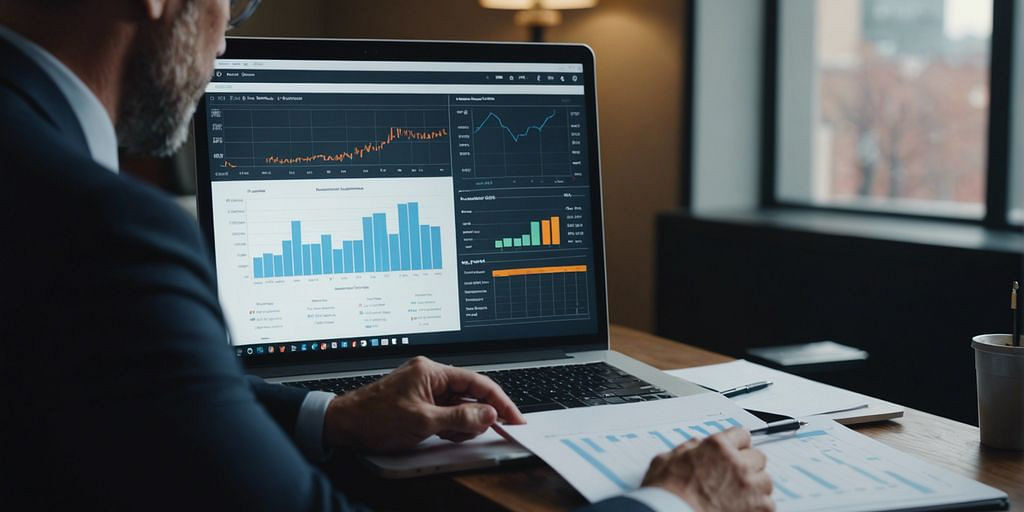 Part-time CFO discussing financial strategies with a small business owner, charts and graphs in the background.