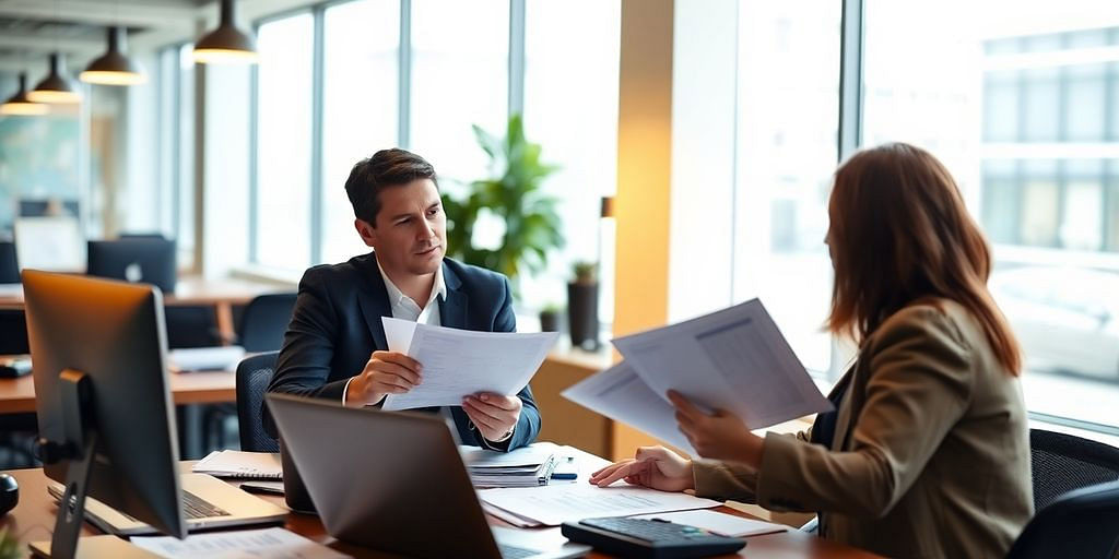 Professional accounting scene in a franchise office setting.