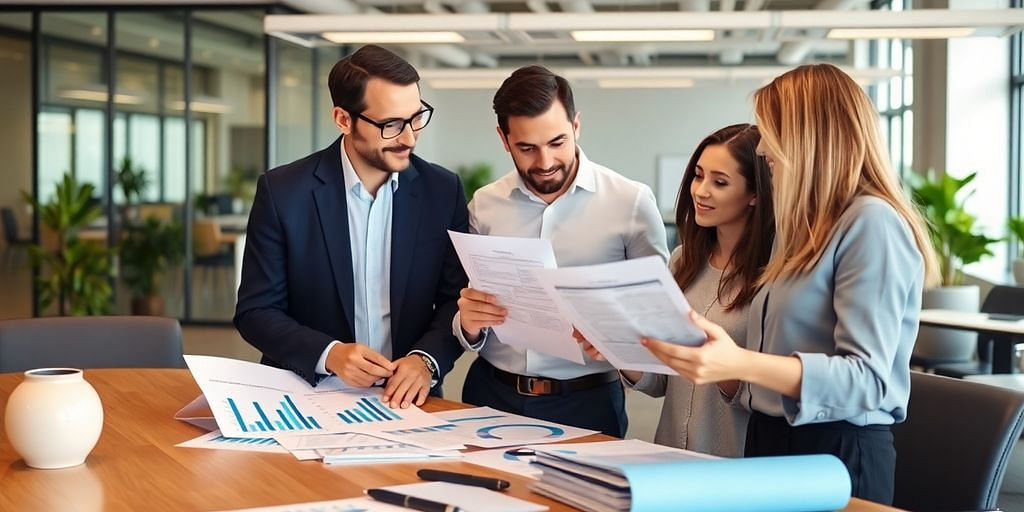 Professionals collaborating on franchise accounting in an office.