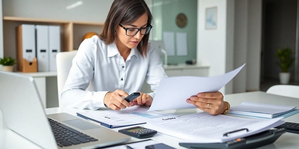 Accountant reviewing documents in a well-organized office.