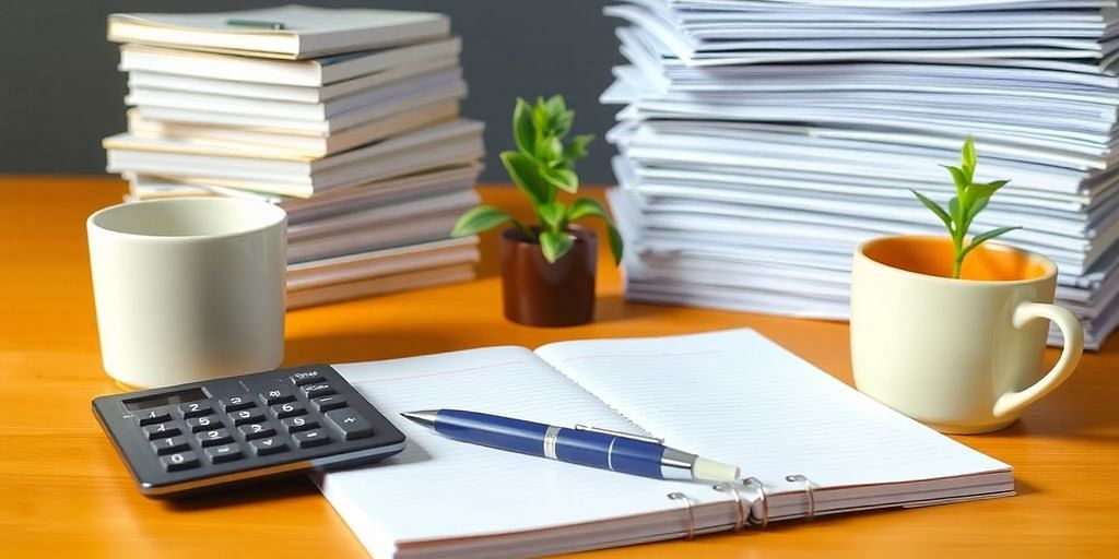 Workspace with calculator, notebook, and organized documents.