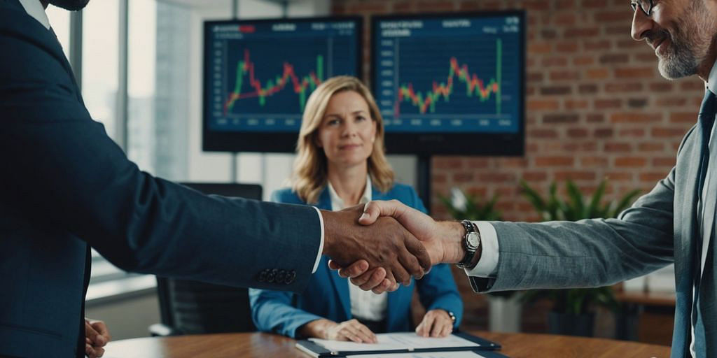 Business owner shaking hands with a CFO in an office, financial charts in the background.