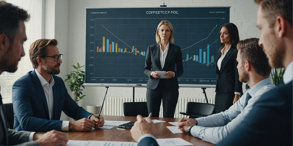 Part-time CFO presenting growth chart to small business team, enhancing operations and maximizing potential.