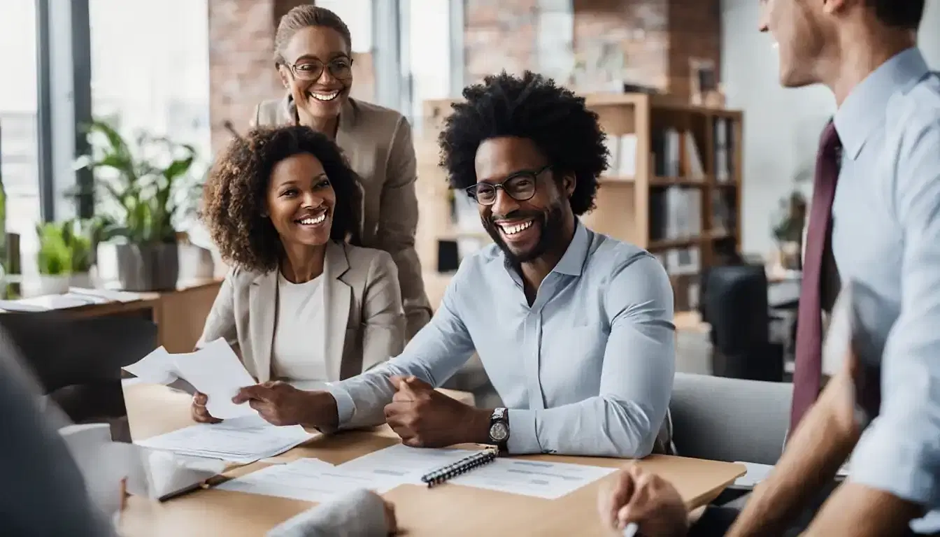 A smiling CFO reviewing financial reports with a diverse group of franchise owners in a bright office.
