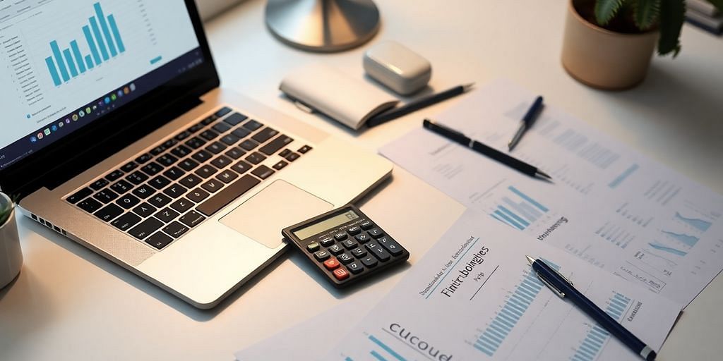 Modern workspace with laptop and financial documents.