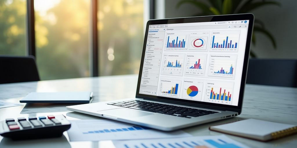 Modern office with financial software and tools for management.