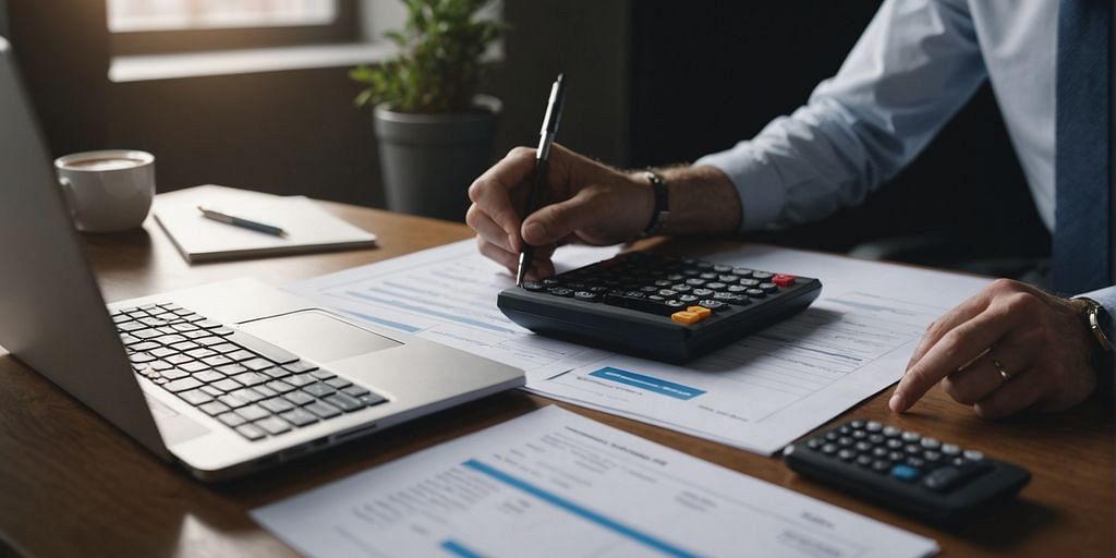 Accountant reviewing financial documents with calculator and laptop.