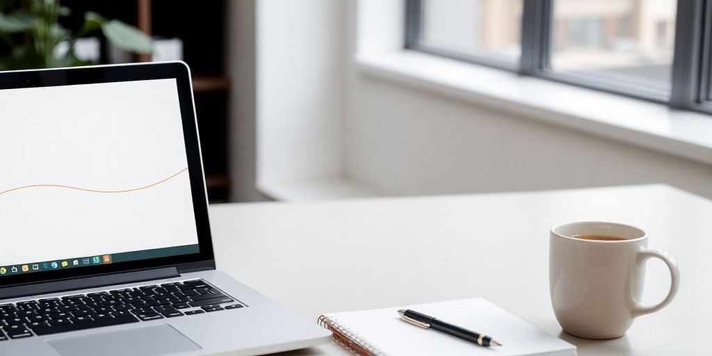 Modern workspace with laptop, notepad, and coffee cup.